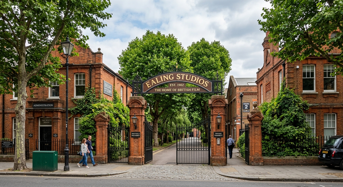 Ealing Studios entrance and historic gates in West London, classic brick buildings with film production signage, green trees lining the studio lot