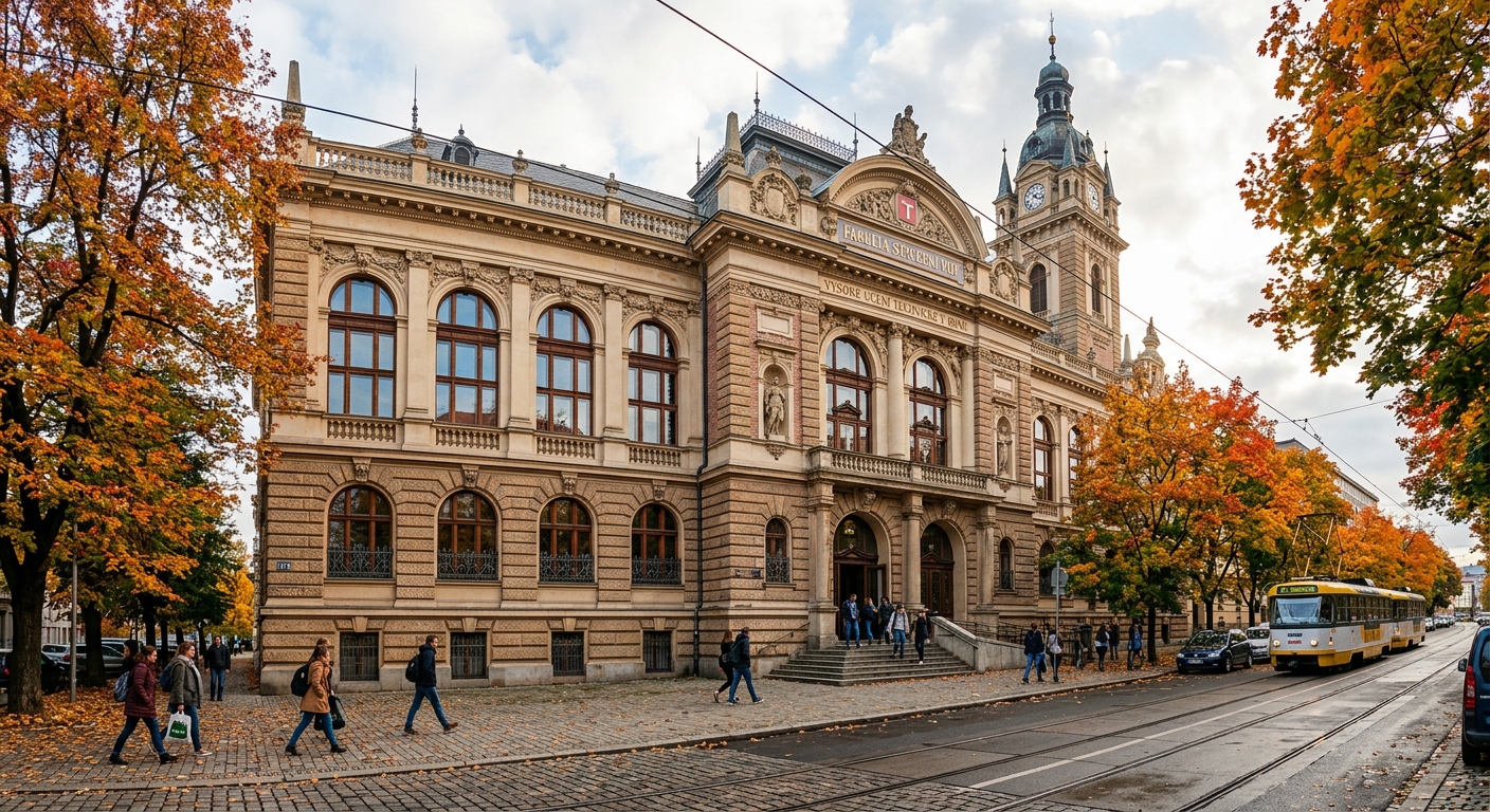 BUT Faculty of Civil Engineering historic building on Veveri Street, grand early 20th century architecture with stone facade, arched windows, autumn setting