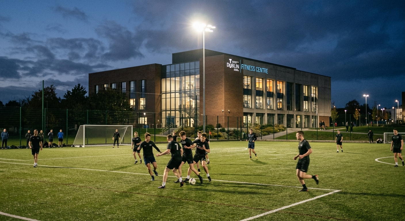 TU Dublin sports facilities at Grangegorman, floodlit synthetic soccer pitch, students playing football, fitness centre building in background
