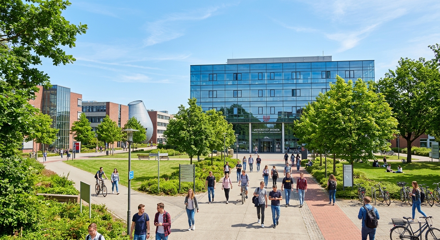 University of Bremen campus with modern faculty buildings, green lawns, and students walking along tree-lined paths, with the iconic glass-facade Faculty of Business Studies and Economics building in the background under a clear blue sky