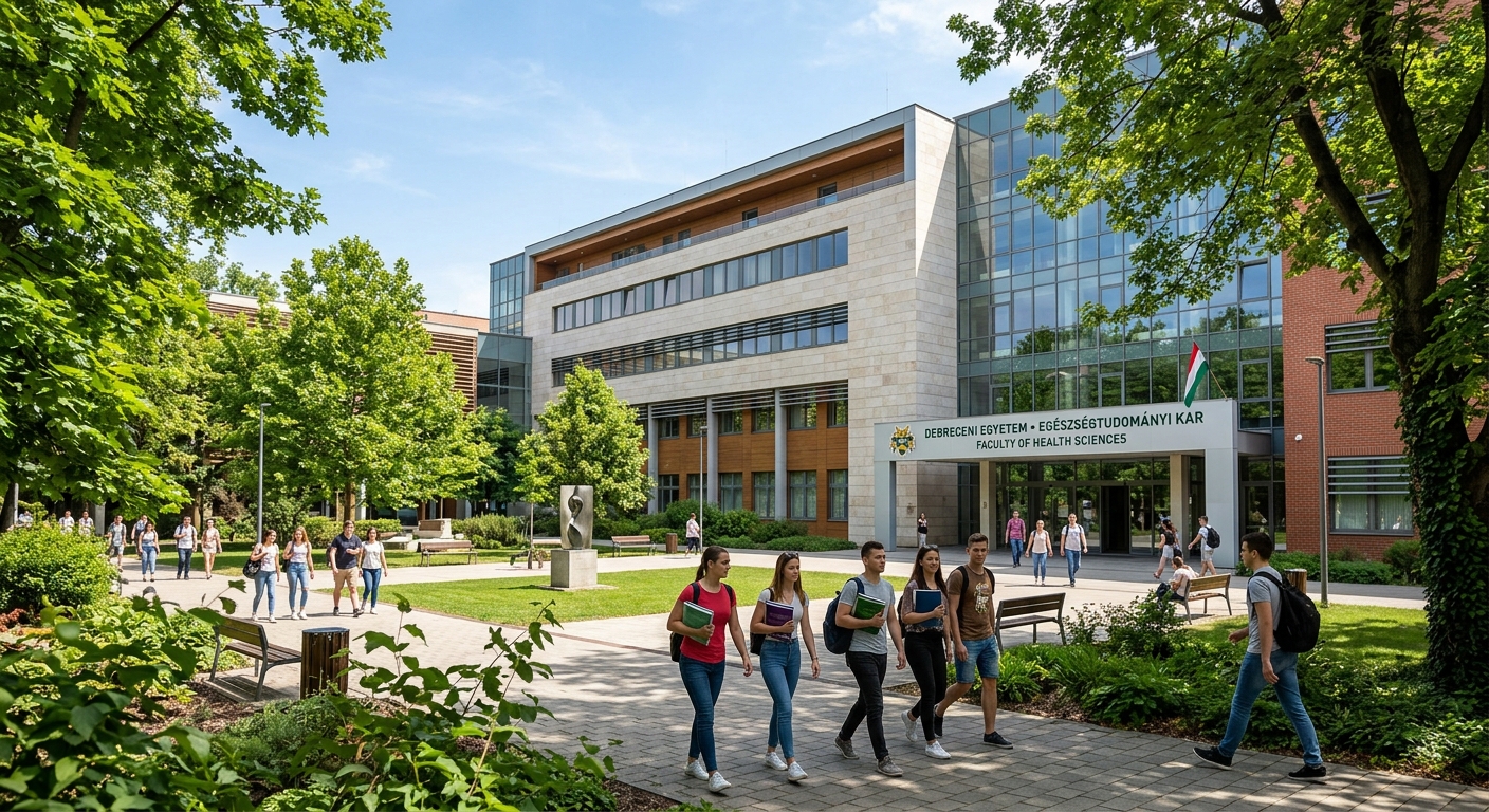 University of Debrecen Faculty of Health Sciences campus building with students walking in the courtyard, modern healthcare education facility surrounded by green trees in Debrecen Hungary, bright daylight