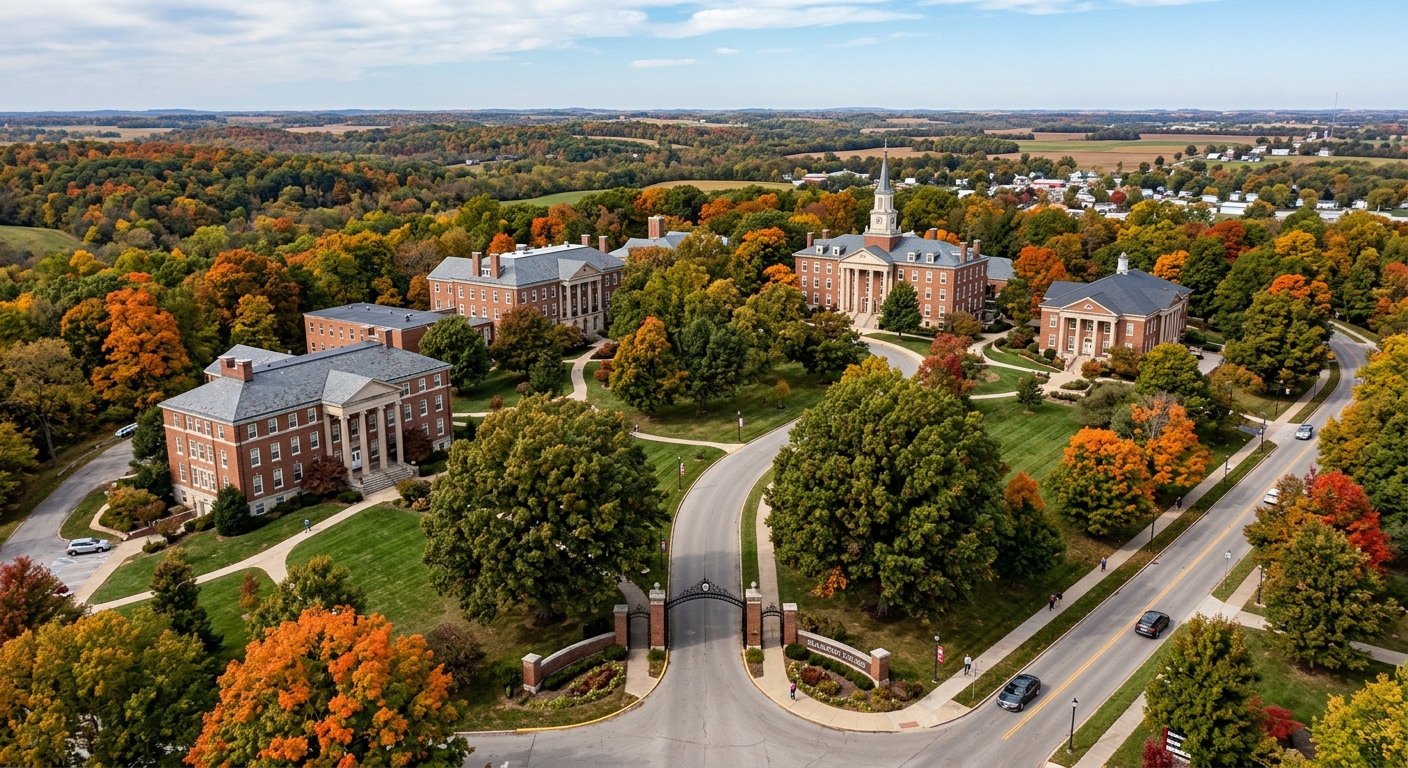 Blackburn College campus wide shot showing neoclassical brick buildings surrounded by mature trees on hilly wooded grounds, College Avenue leading through campus gates, rural Illinois setting with green lawns and autumn foliage