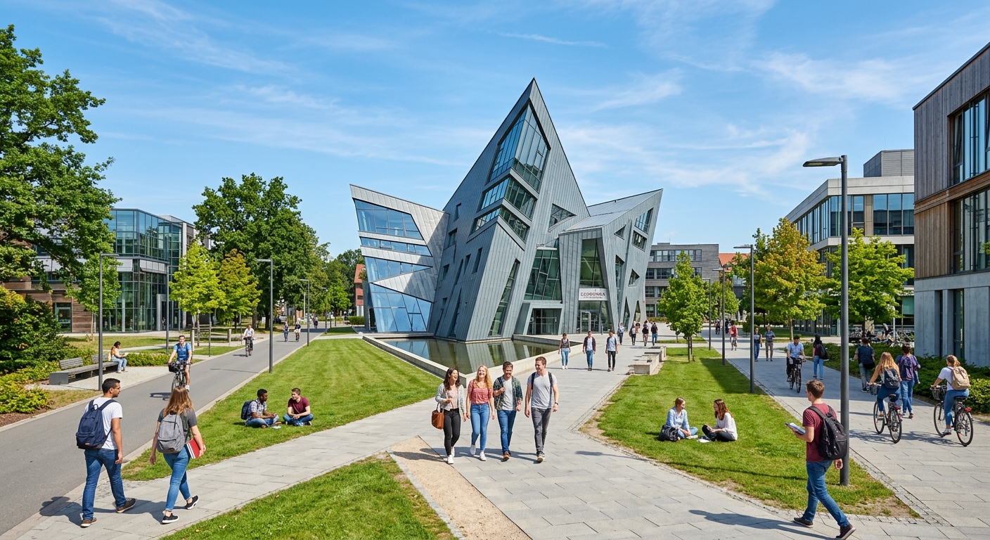 Modern Leuphana University campus in Lüneburg Germany with the iconic Daniel Libeskind central building, green lawns, students walking between contemporary academic buildings under a clear sky