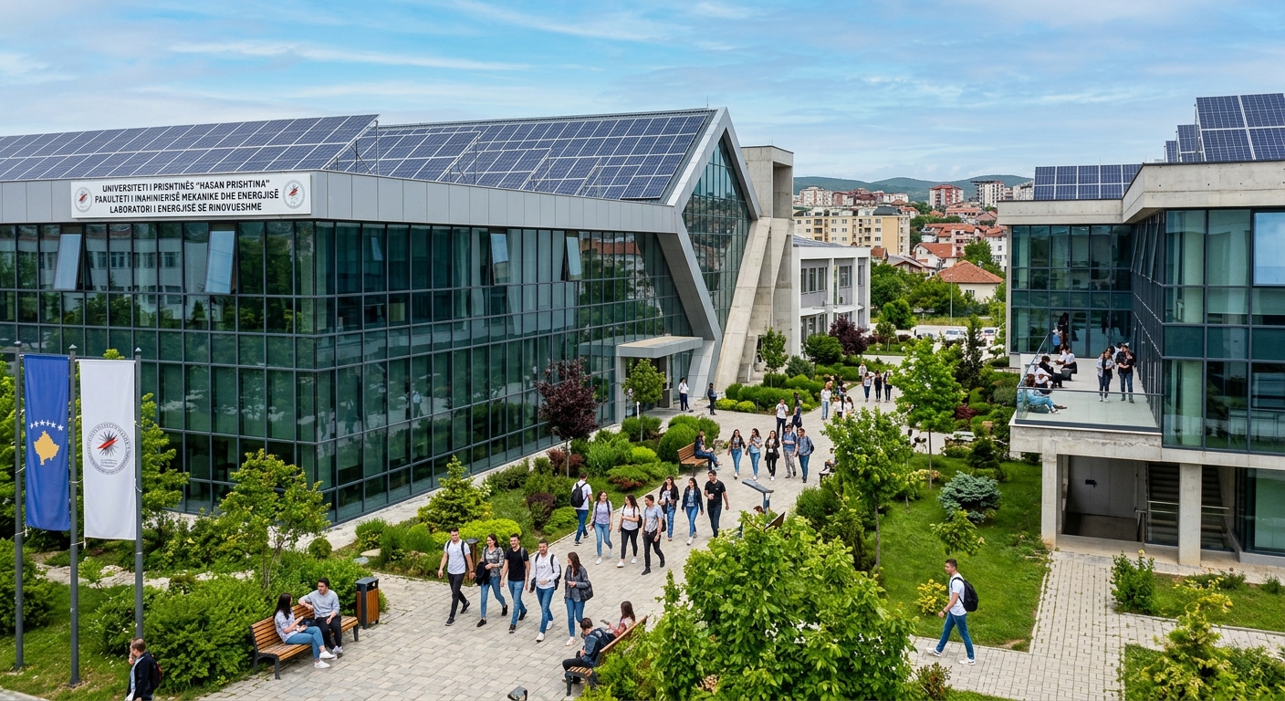Modern university campus in Prishtina Kosovo with energy engineering laboratory, solar panels on building rooftops, students walking through green courtyard, contemporary architecture with glass facades