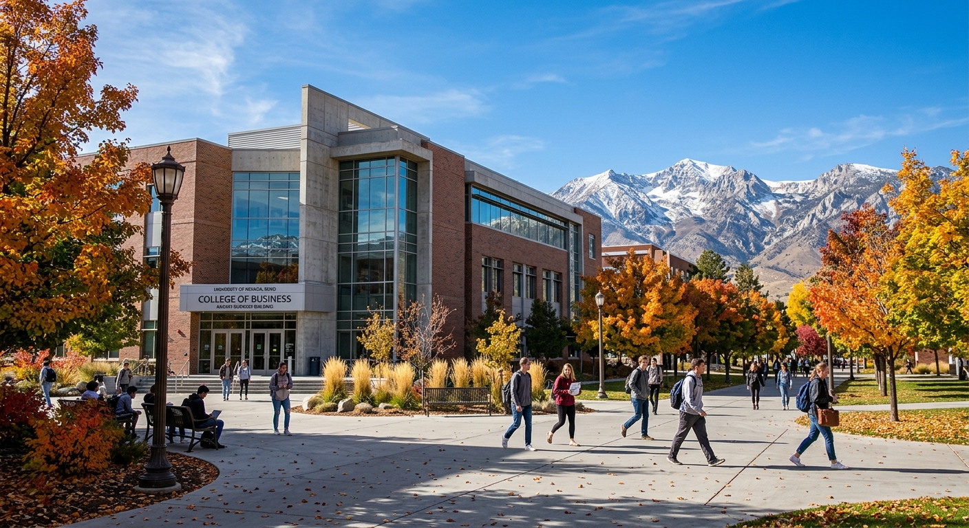 University of Nevada Reno College of Business building exterior with Sierra Nevada mountain backdrop, clear blue sky, modern campus architecture with students walking on pathways, autumn trees lining the quad