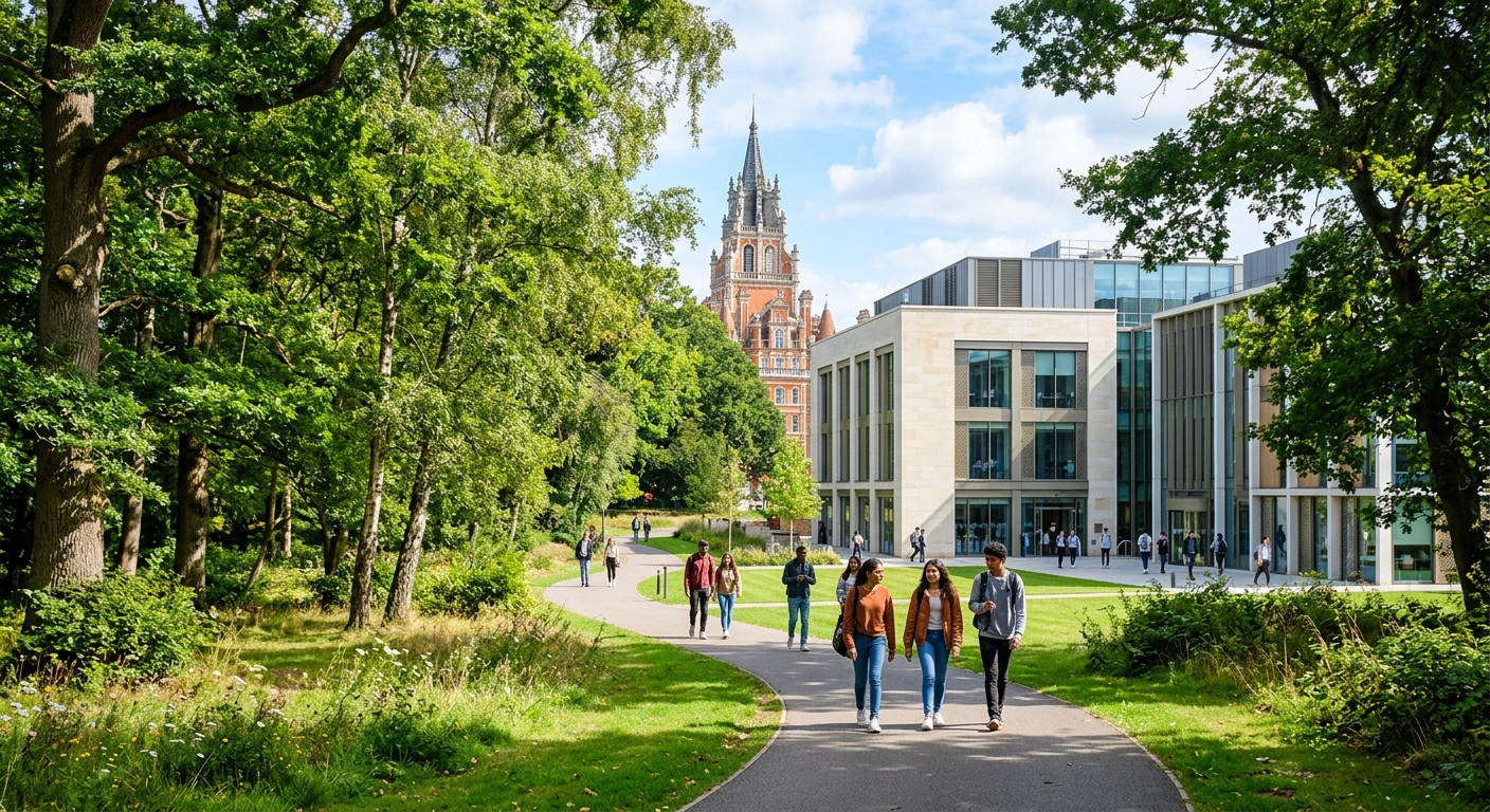 Royal Holloway campus parkland and woodland, students walking along tree-lined paths, modern academic buildings in background, sunny day in Surrey