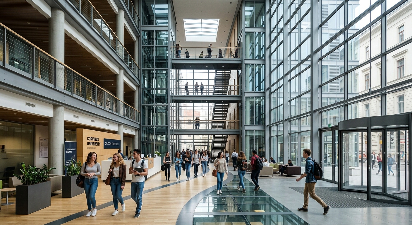 Modern Czuczor Street building of Corvinus University, contemporary glass and steel architecture, students walking through bright atrium with large windows