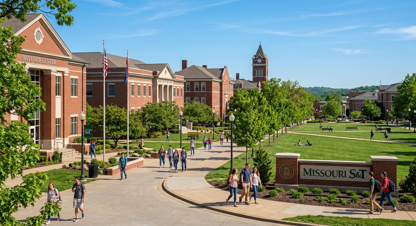 Missouri University of Science and Technology campus in Rolla, Missouri with red brick engineering buildings, green lawns, and students walking along tree-lined pathways under a clear blue sky