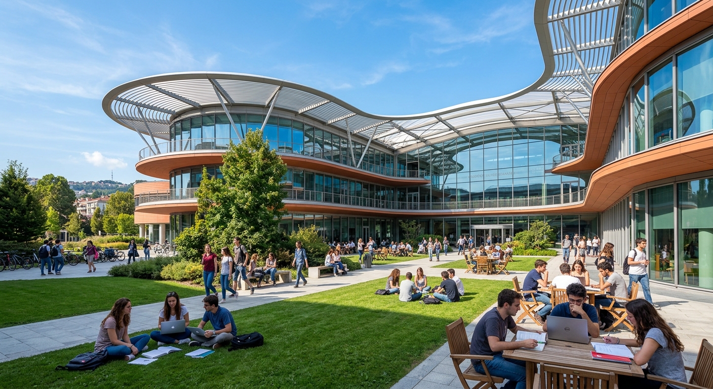 Modern Campus Luigi Einaudi building with contemporary glass and steel architecture, open courtyard with students studying outdoors, green lawn areas, clear blue sky