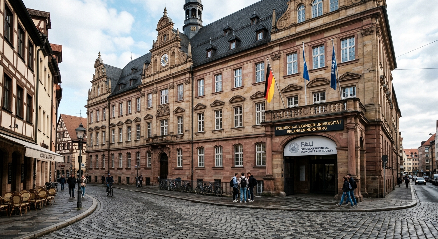 FAU Nuremberg campus Lange Gasse historic building facade, School of Business Economics and Society, urban setting with cobblestone streets