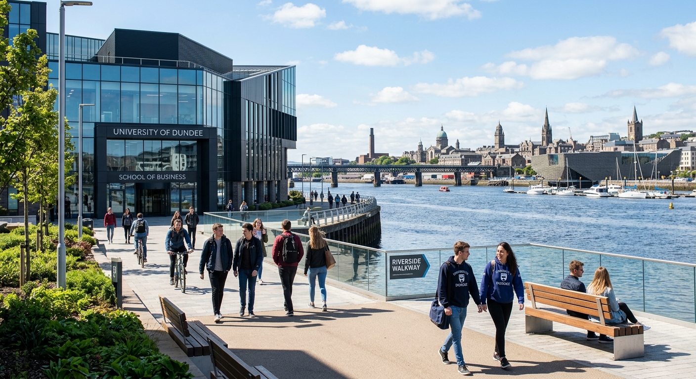 University of Dundee School of Business modern campus building with students walking near the River Tay, Dundee Scotland, sunny day with historic city skyline in background