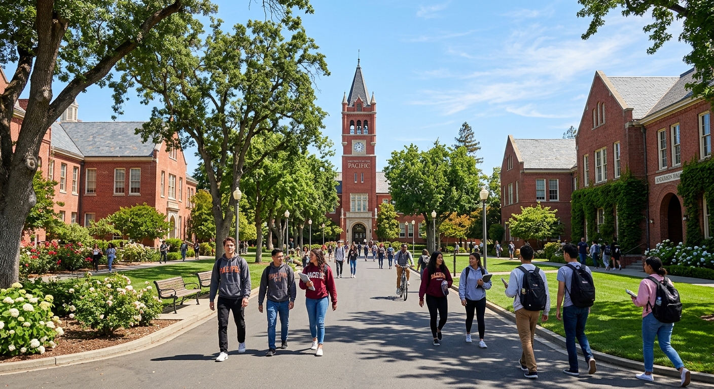University of the Pacific campus in Stockton California with tree-lined pathways, red brick buildings, green lawns, and students walking between classes on a sunny day