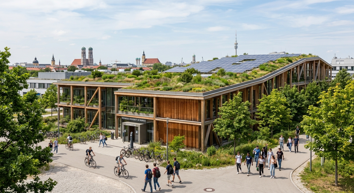 Modern sustainable building on the Technical University of Munich campus, featuring green roof technology, solar panels, and timber construction elements, with students walking on pathways surrounded by trees, Munich skyline in the background