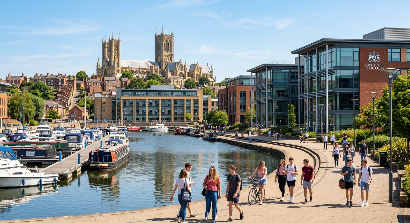 University of Lincoln Brayford Pool campus with modern science buildings, students walking along waterfront pathways, historic Lincoln Cathedral visible in the background, sunny day in Lincolnshire England