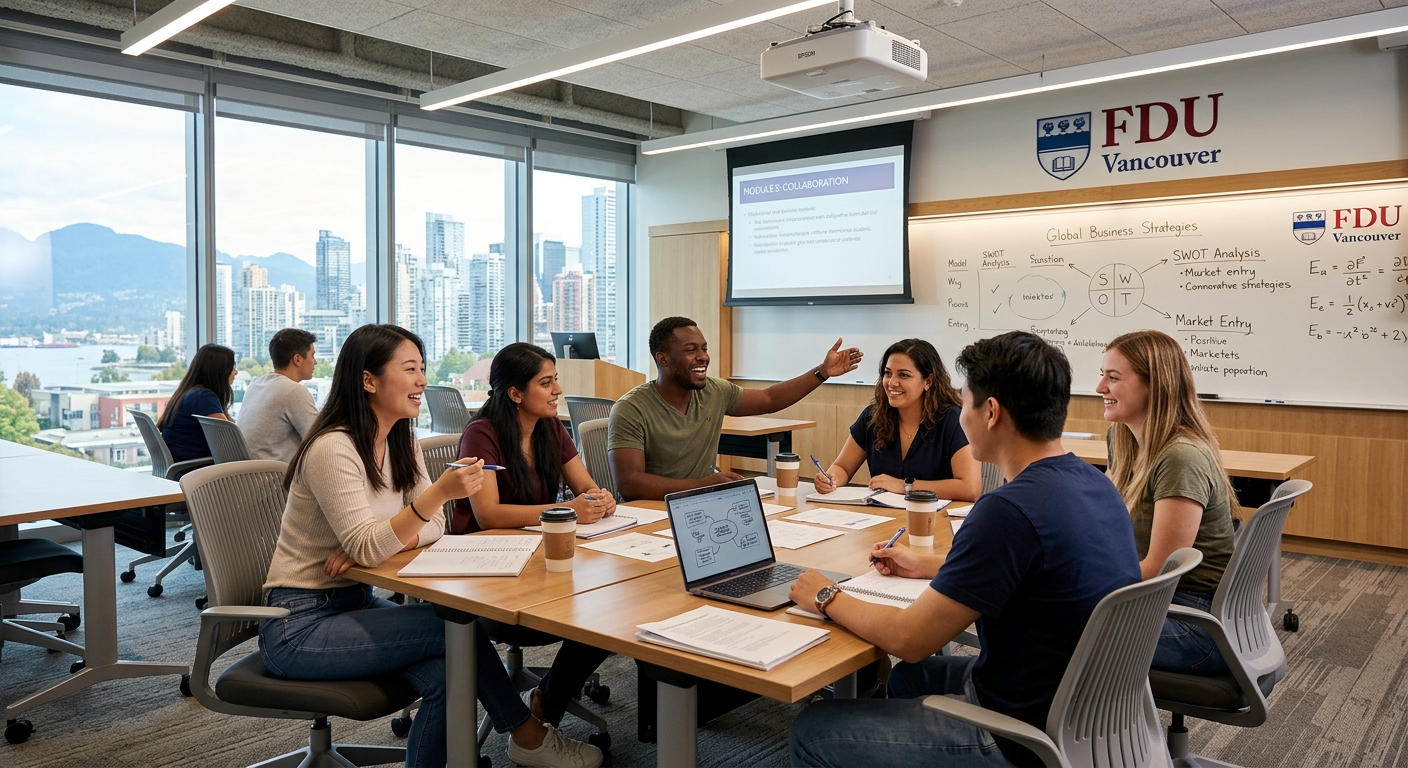 FDU Vancouver campus interior, modern classroom with small group of diverse international students engaged in discussion, bright natural lighting, whiteboard and projector setup
