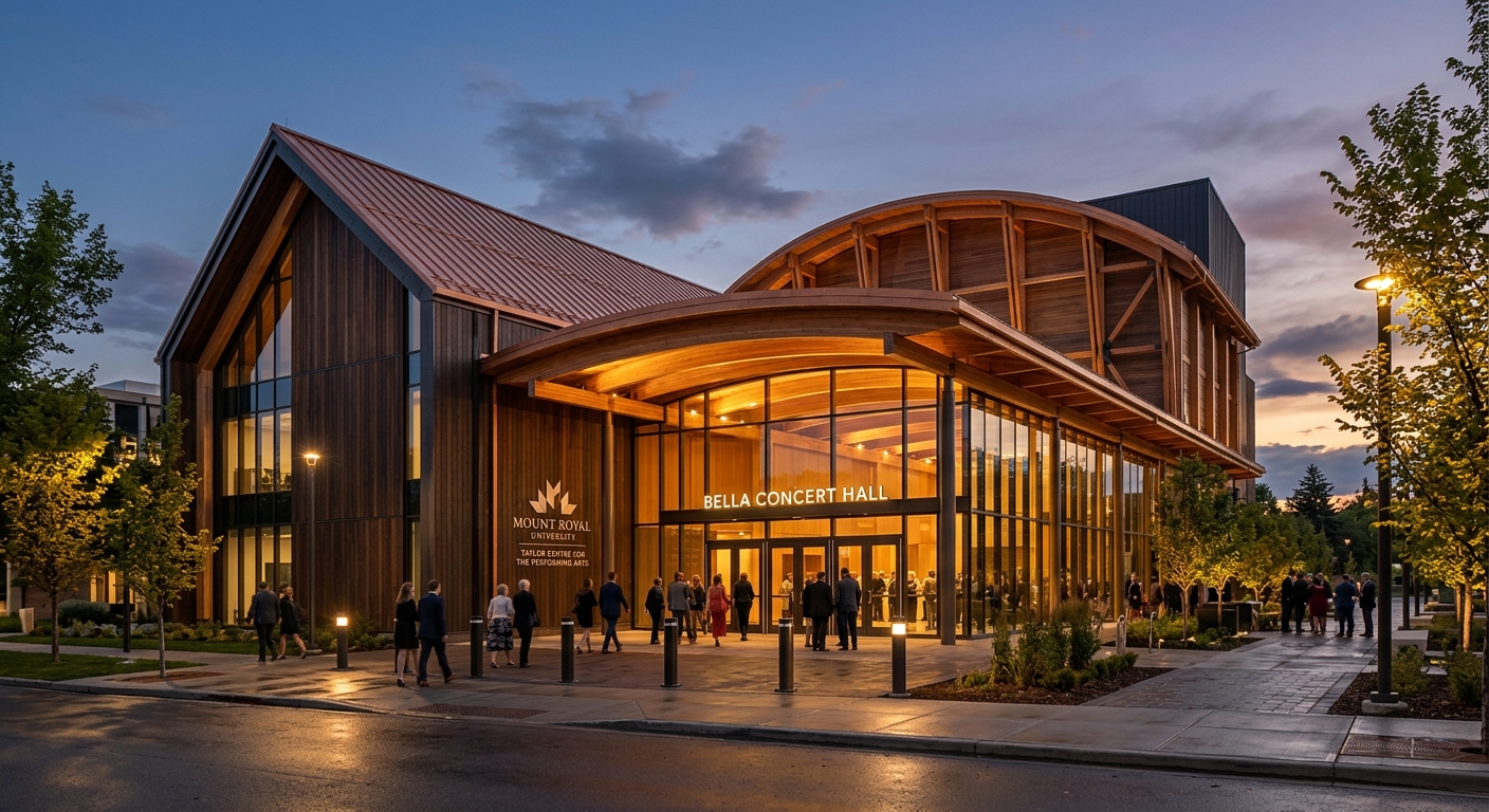 Taylor Centre for the Performing Arts at Mount Royal University, contemporary barn-inspired design, Bella Concert Hall entrance, warm evening lighting