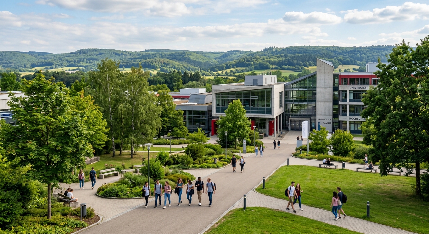 Modern University of Ulm campus building with green landscaping, students walking along pathways, set against the backdrop of the Swabian Alb hills in Baden-Württemberg, Germany