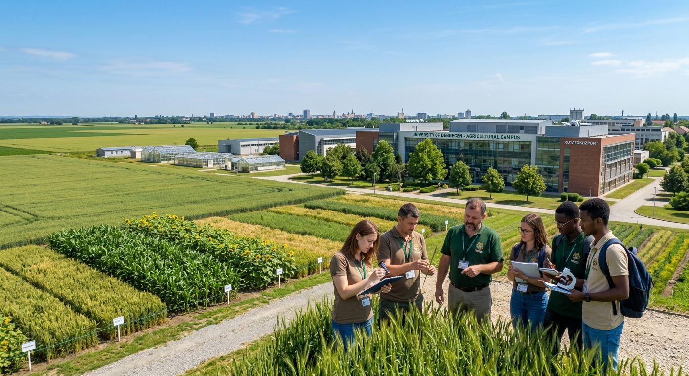 University of Debrecen agricultural campus with green crop fields, modern laboratory buildings, and students examining plants in an outdoor research setting under clear Hungarian skies