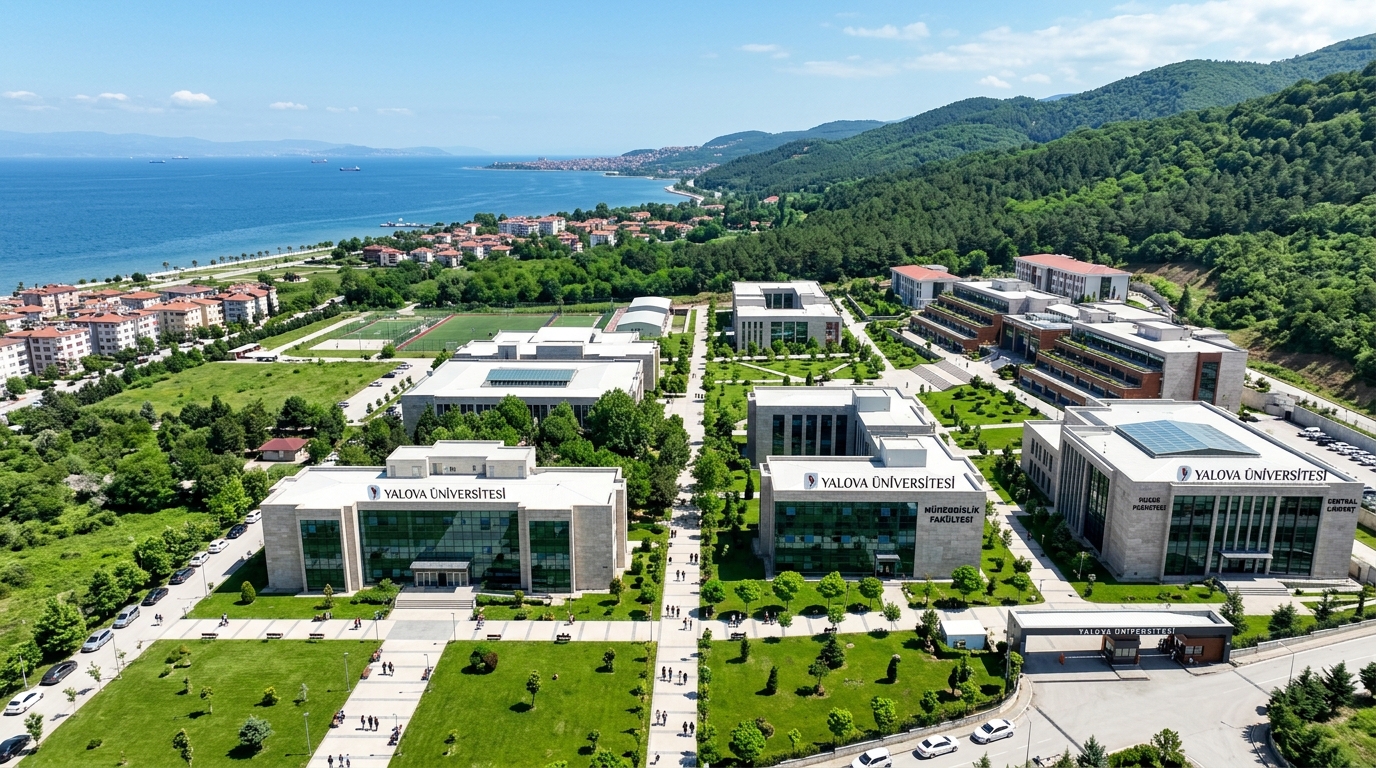 Yalova University main campus wide-shot with modern academic buildings, green lawns, forested hills in background, Sea of Marmara coastline visible, bright daylight