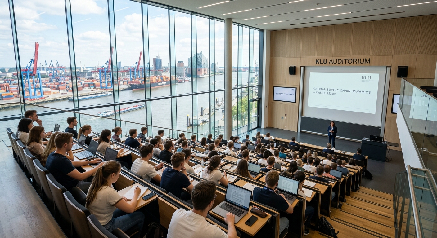 KLU modern lecture hall with floor-to-ceiling windows overlooking Hamburg harbour, students seated in tiered seating, bright natural light, contemporary interior design