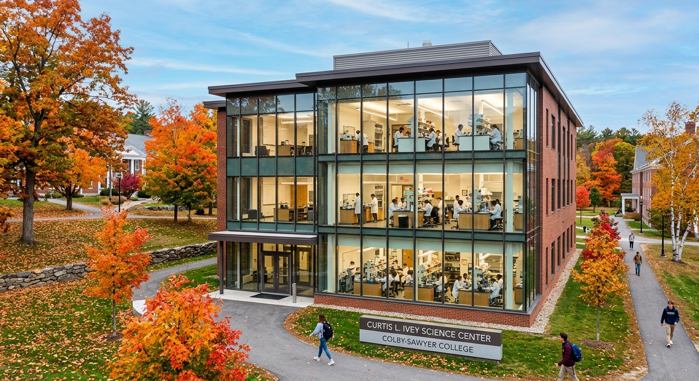 Curtis L. Ivey Science Center at Colby-Sawyer College, modern laboratory building with large windows, students visible inside working at lab benches, autumn trees surrounding