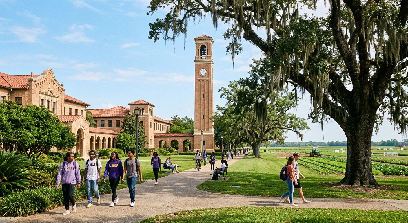 Louisiana State University campus with Italian Renaissance-style buildings, lush green oak trees draped in Spanish moss, students walking along pathways near agricultural fields and the iconic LSU campanile bell tower under a clear blue sky