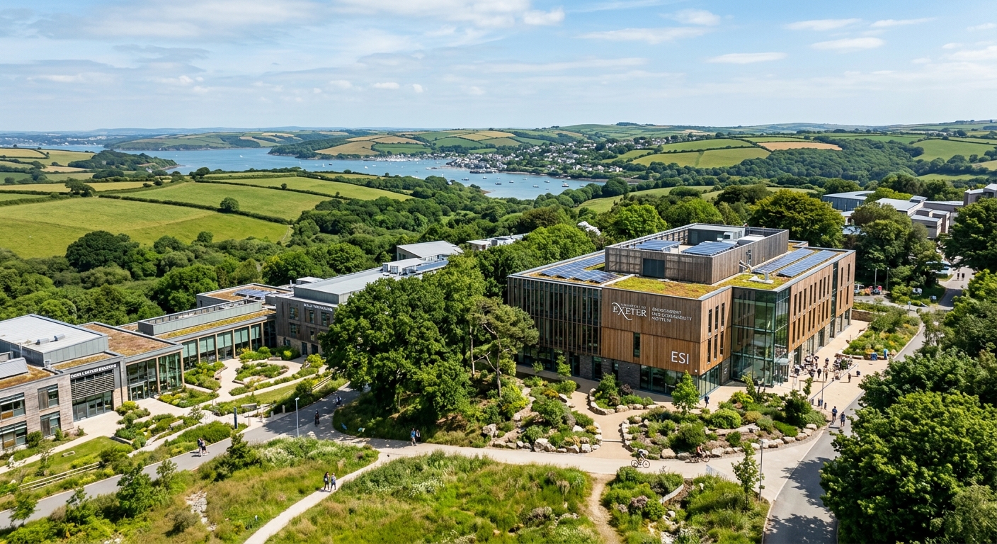 University of Exeter Penryn Campus Cornwall, modern sustainable buildings set in lush green Cornish countryside, Environment and Sustainability Institute visible