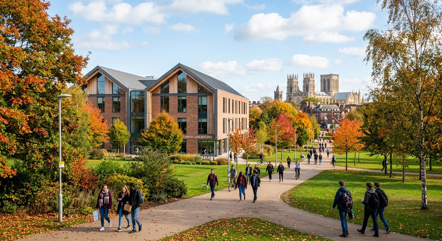 University of York campus with modern Church Lane Building, green parkland setting, students walking along tree-lined paths, historic York Minster visible in the background, bright autumn day