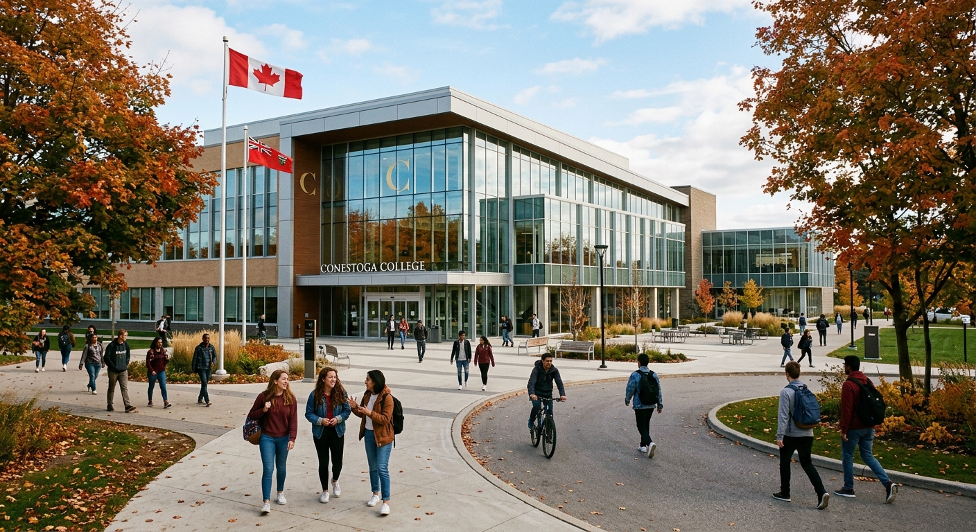 Modern college campus building at Conestoga College Kitchener Ontario, students walking along pathways, autumn trees, Canadian flag visible, contemporary architecture with glass facade