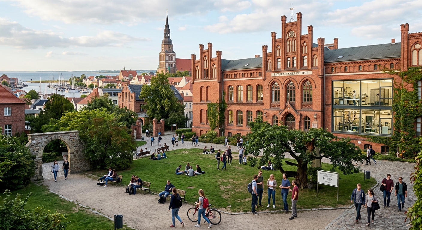 Historic University of Greifswald campus building with red-brick architecture, physics laboratory equipment visible through windows, green courtyard with students, Baltic Sea coastal town atmosphere in the background