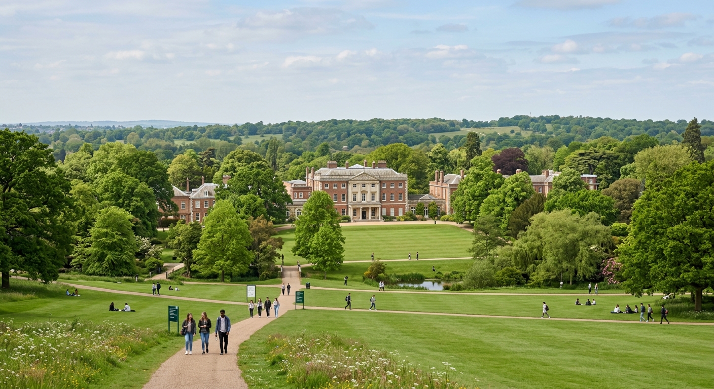 University of Roehampton parkland campus wide shot, historic Georgian buildings surrounded by lush green lawns and mature trees, Richmond Park visible in the background, soft natural daylight, south-west London setting