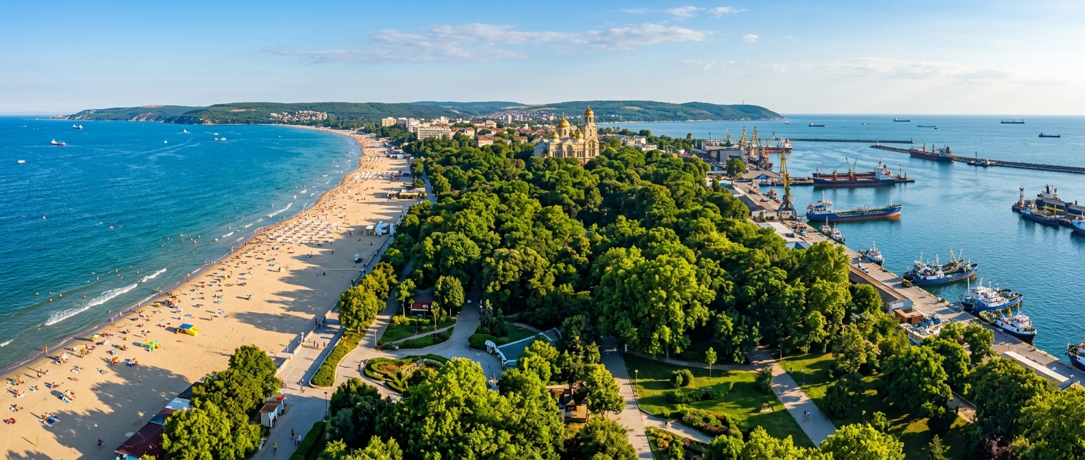 Panoramic view of Varna Bulgaria Black Sea coastline, golden sandy beach, Sea Garden park with lush greenery, Cathedral of the Assumption dome visible, port with ships, warm summer sunlight