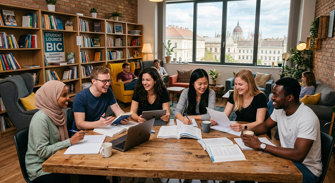 International students socializing in a student lounge area at Budapest International College, diverse group studying together, bookshelves and comfortable seating