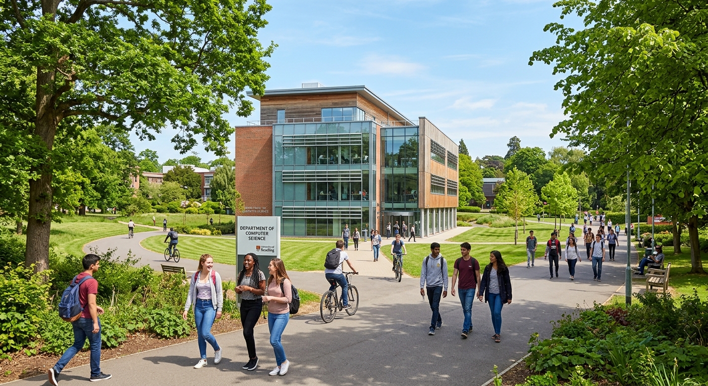 University of Reading Whiteknights campus with modern computer science building, green parkland, students walking along tree-lined paths, bright sunny day in Reading, United Kingdom