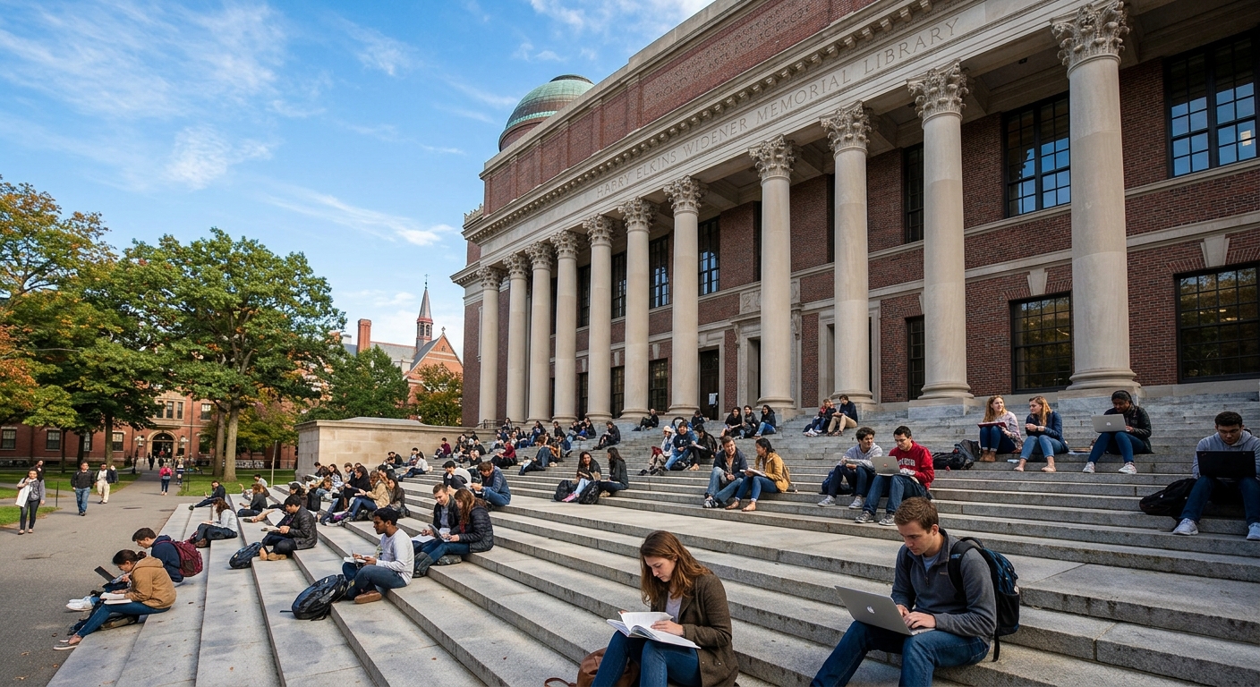 Widener Library grand facade with tall Corinthian columns, wide stone staircase, students studying on the steps, clear day with blue sky