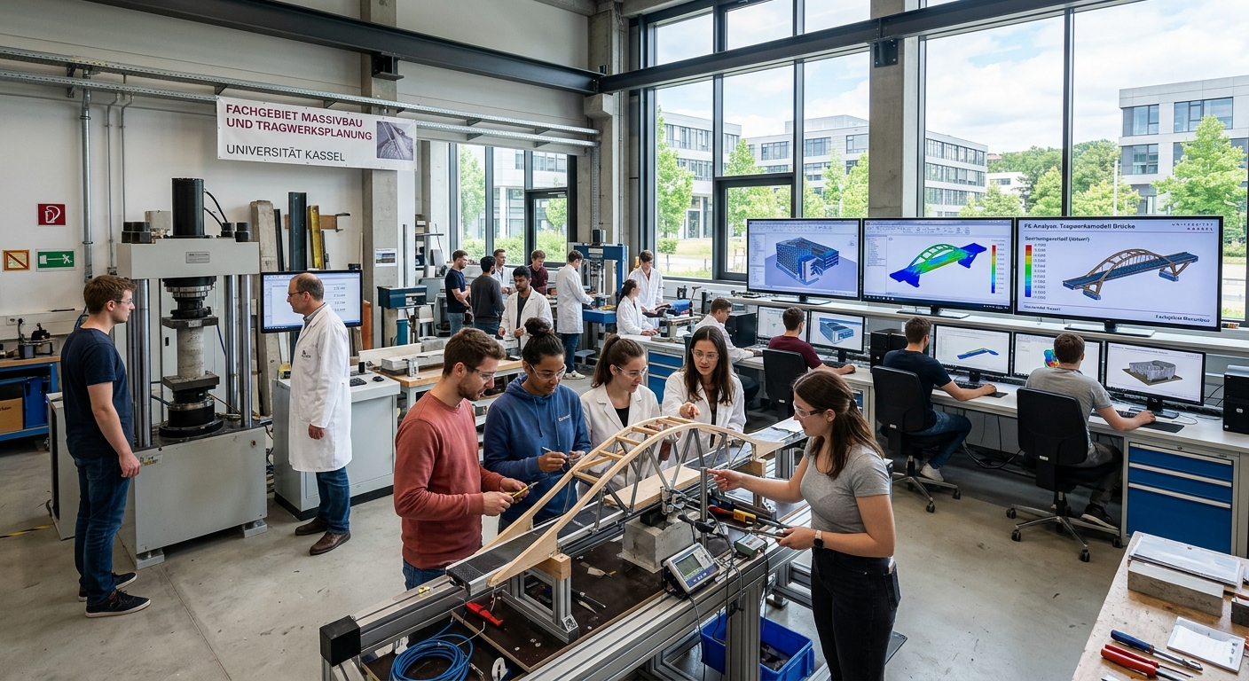 Modern civil engineering laboratory at University of Kassel with students examining structural models, concrete testing equipment, and digital screens displaying building simulations, bright industrial campus setting in Kassel Germany