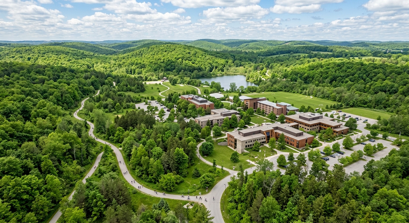 Seneca Polytechnic King Campus surrounded by lush green forest and rolling hills, low-rise academic buildings nestled in nature, walking trails visible