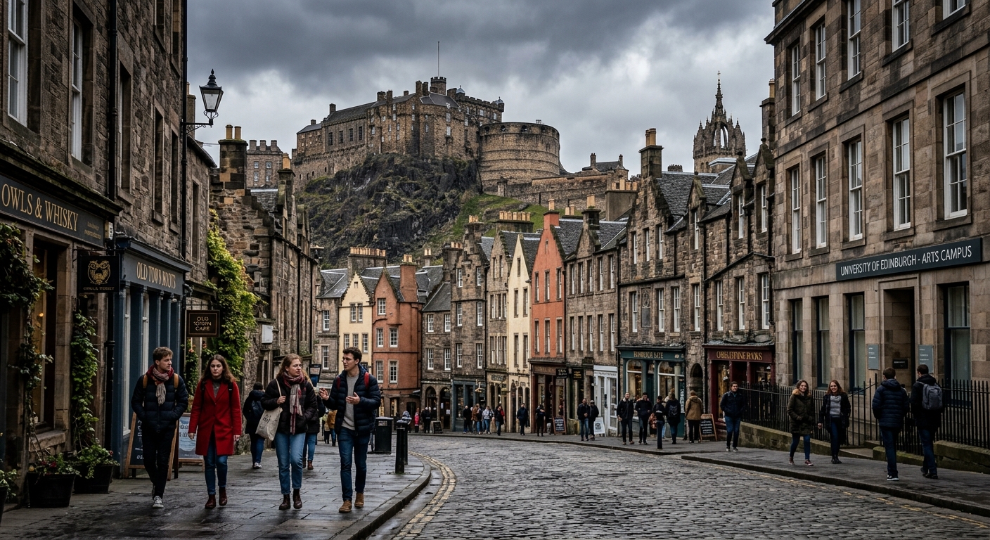 Edinburgh cityscape with historic Old Town architecture and modern university buildings, students walking through cobblestone streets with Edinburgh Castle in the background, overcast Scottish sky