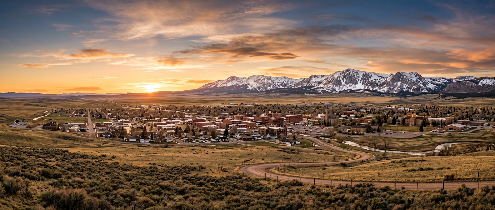 Laramie Wyoming panoramic view, small western town with mountain backdrop, Snowy Range mountains with snow-capped peaks, wide open prairie, golden sunset light