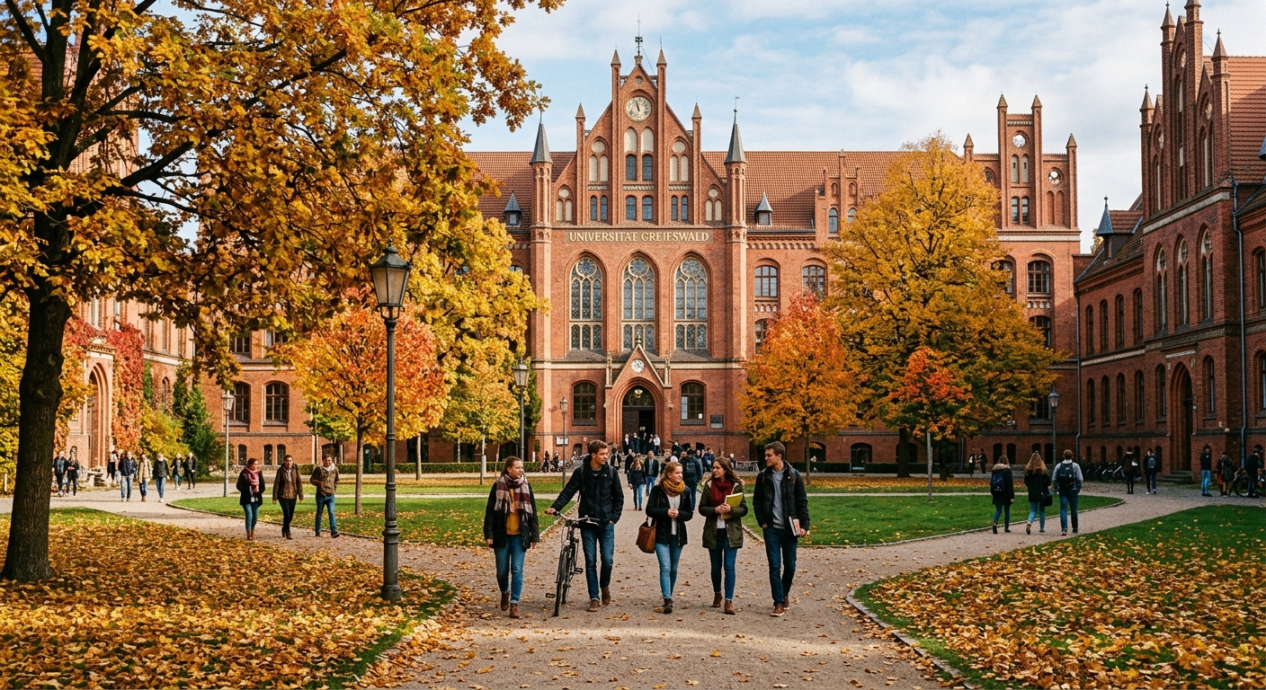 Historic red-brick university building at University of Greifswald with students walking through a tree-lined courtyard, Baltic Sea region architecture, autumn atmosphere with golden leaves