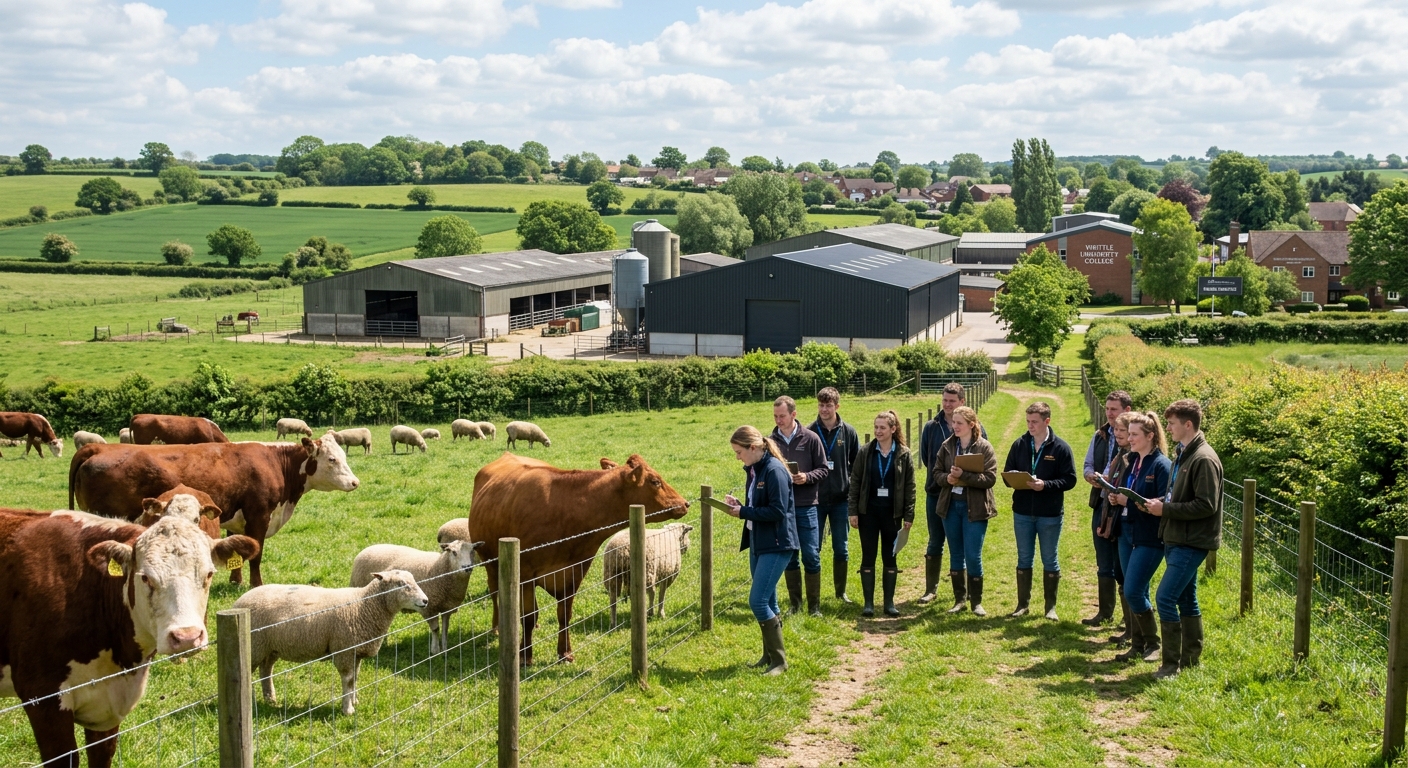 Pastoral Essex countryside campus at Writtle University College with green rolling farmland, grazing cattle and sheep, modern agricultural buildings, and students observing livestock on a working farm under a bright sky