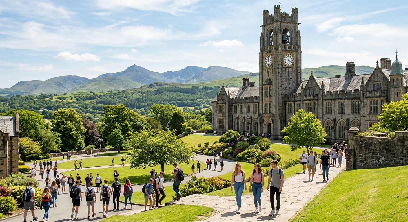 Bangor University historic Main Arts building with its iconic clock tower, set against the backdrop of Snowdonia mountains and lush green Welsh landscape, students walking across campus on a sunny day