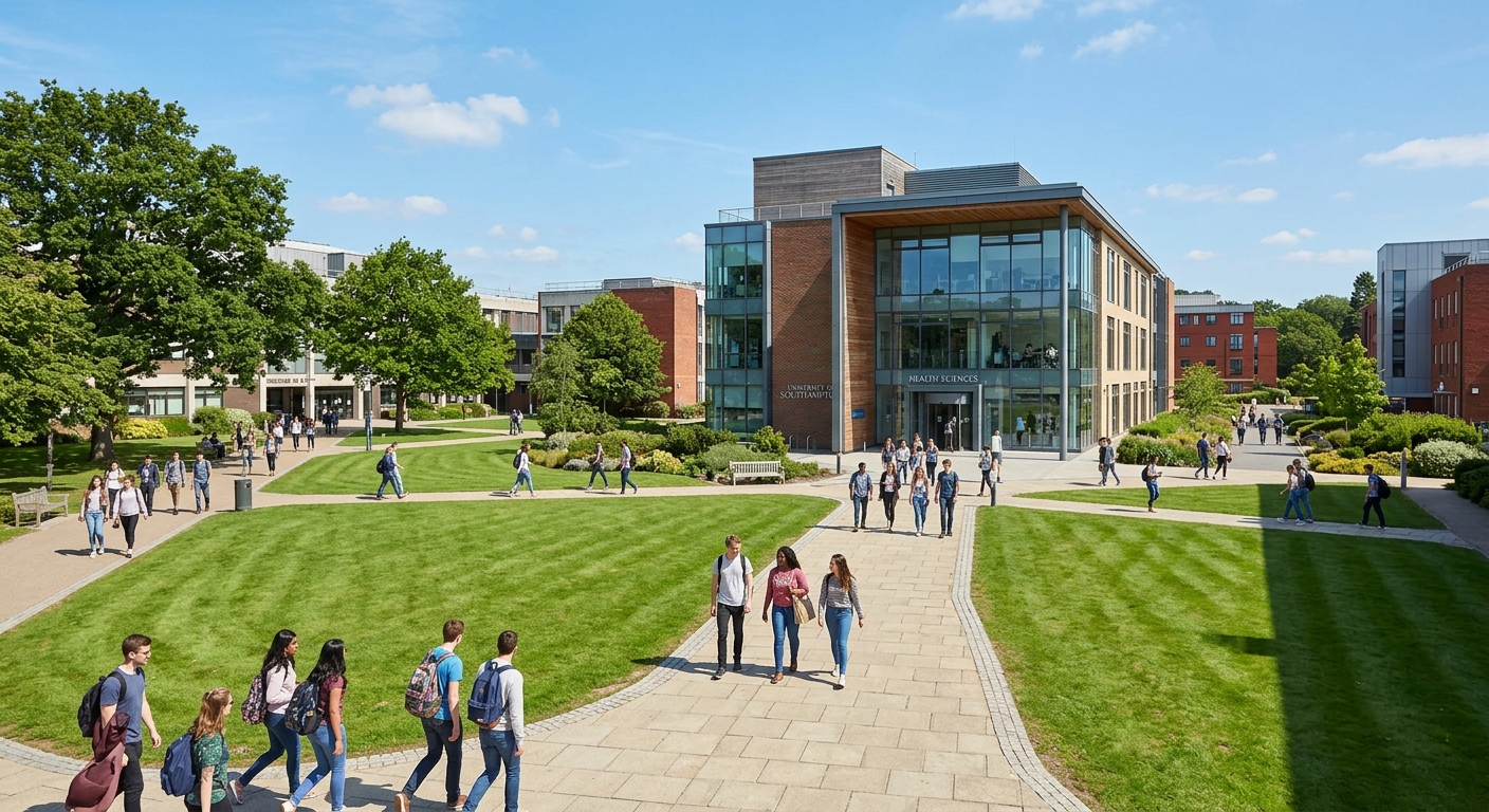 University of Southampton Highfield Campus with modern health sciences building, green lawns, and students walking between lecture halls on a sunny day in Southampton, United Kingdom