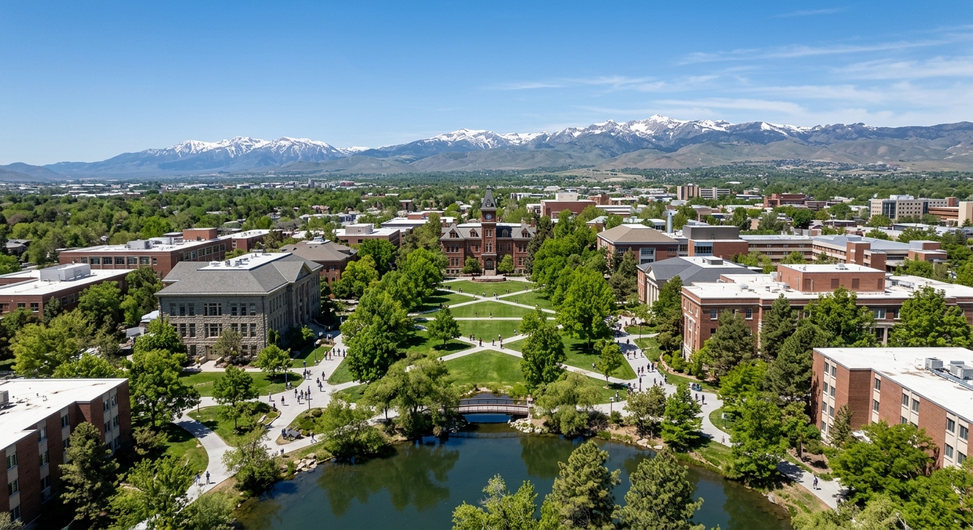 Aerial view of University of Nevada Reno campus with historic Quad, Morrill Hall, Mackay School of Mines, tree-lined pathways, Manzanita Lake, and Sierra Nevada mountains in the background under clear blue sky