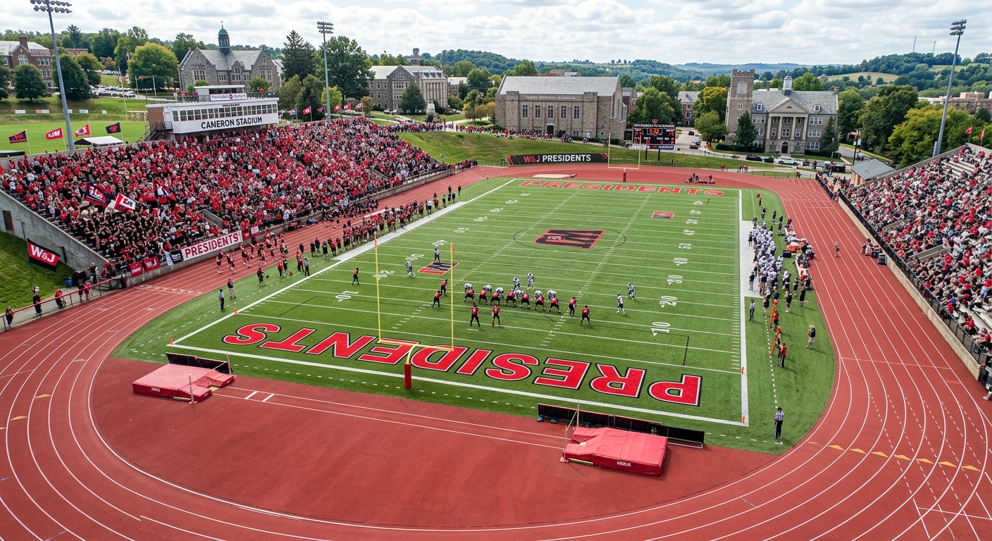 Cameron Stadium at Washington and Jefferson College, football field with track surrounding it, bleachers filled with spectators, Presidents team in red and black uniforms