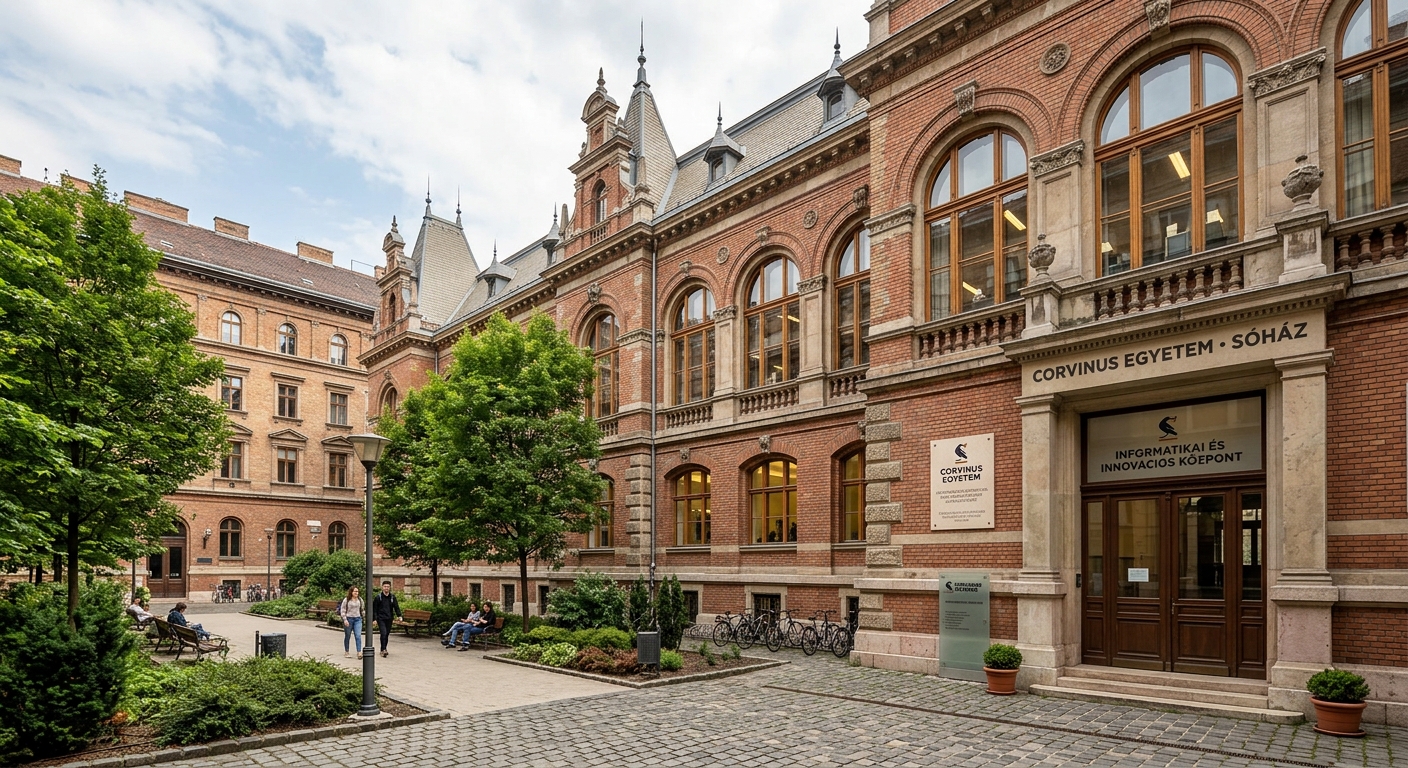 Corvinus University Salt House historic building, renovated 1890s office structure, IT center signage, brick and stone exterior, quiet courtyard