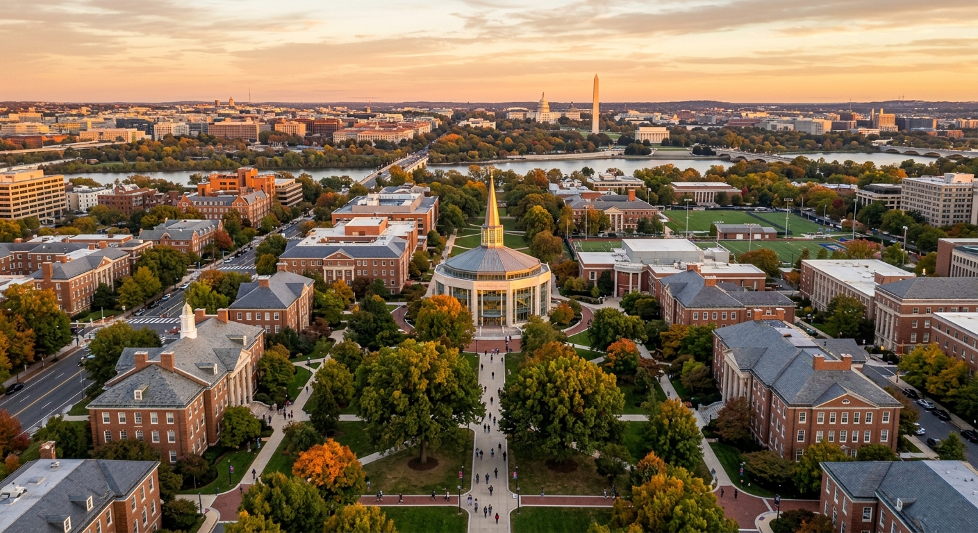 American University main campus aerial view showing the tree-lined quad, red-brick academic buildings, and the iconic Kay Spiritual Life Center with Washington D.C. skyline in the background, golden hour lighting