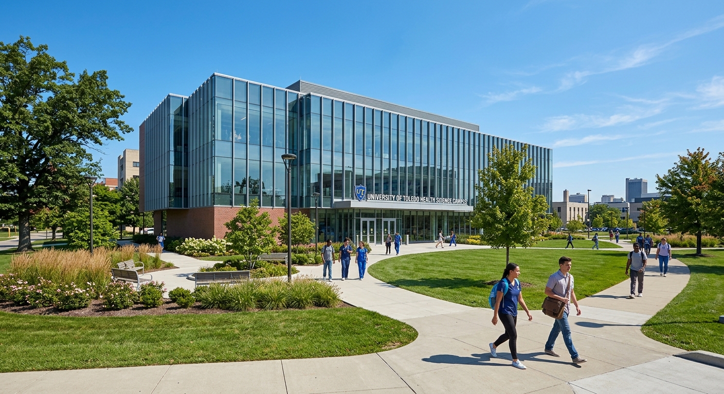 University of Toledo Health Science Campus building exterior with modern glass facade, green landscaped grounds, students walking along pathways, clear blue sky over Toledo Ohio