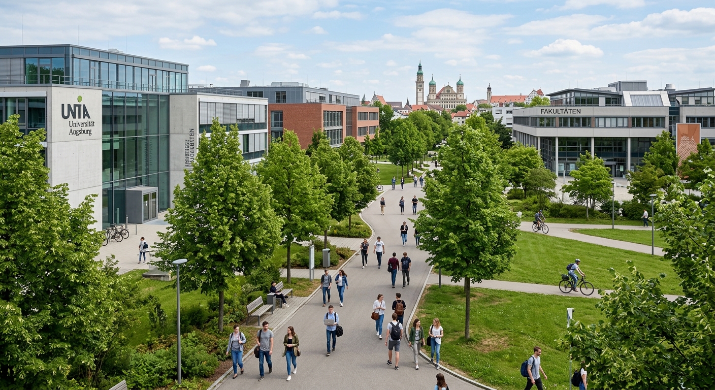University of Augsburg campus with modern academic buildings surrounded by green landscaped grounds, students walking along tree-lined pathways in the Bavarian city of Augsburg, Germany