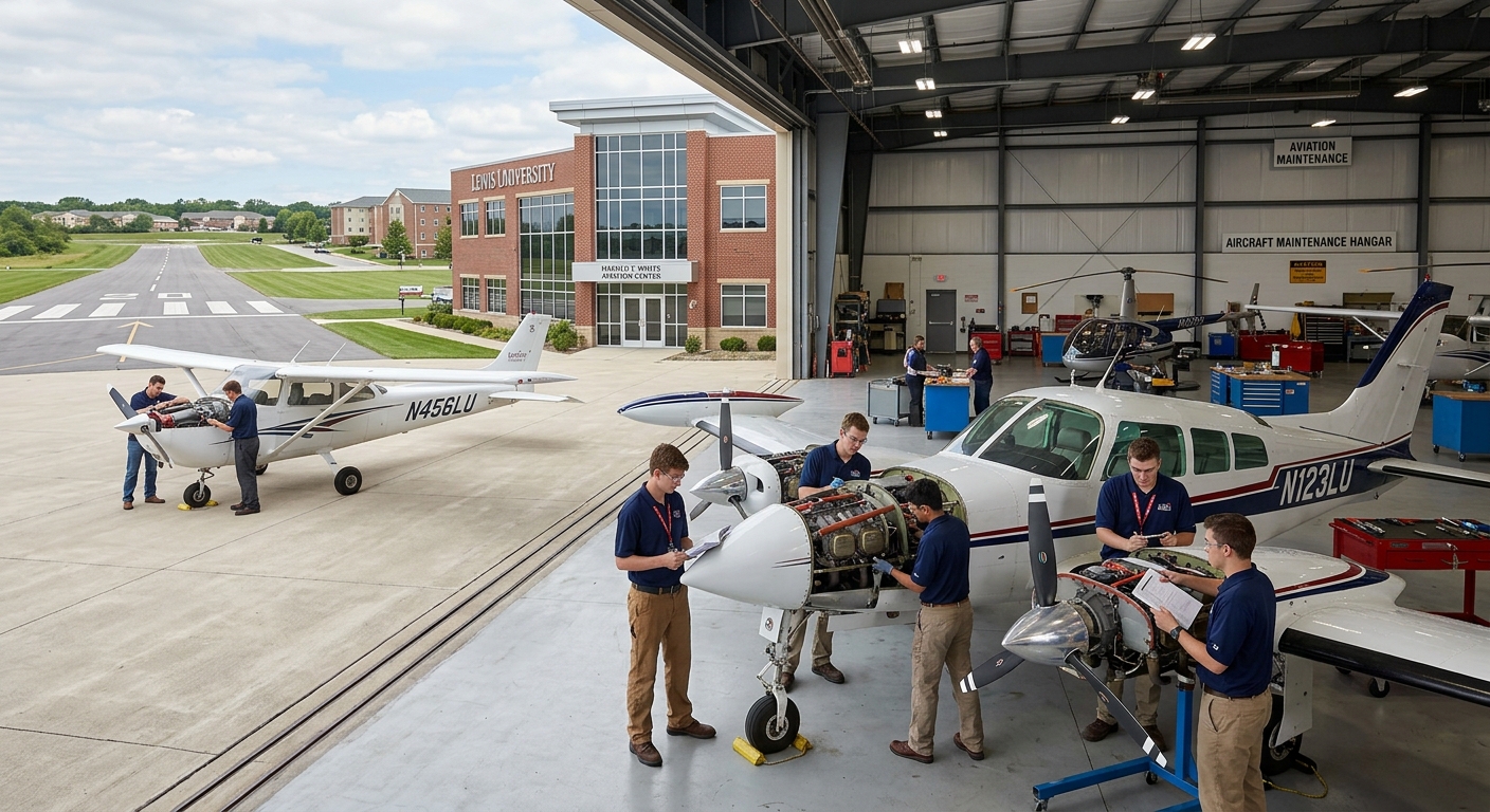 Lewis University Harold E. White Aviation Center with aircraft maintenance hangar, students working on aircraft engines and airframes, suburban campus setting in Romeoville Illinois with runway visible in background